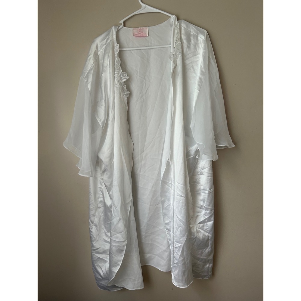 Vintage White Satin‎ Robe Sheer Sleeves Floral Lace Trim Romantic  Coquette
